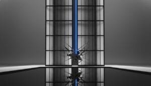 A tall glass wall with a blue vertical stripe has a cracked section near the bottom center, reflected in a dark, glossy surface below.
