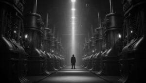 A person in a coat and hat stands in the center of a dimly lit industrial corridor lined with large machinery on both sides.