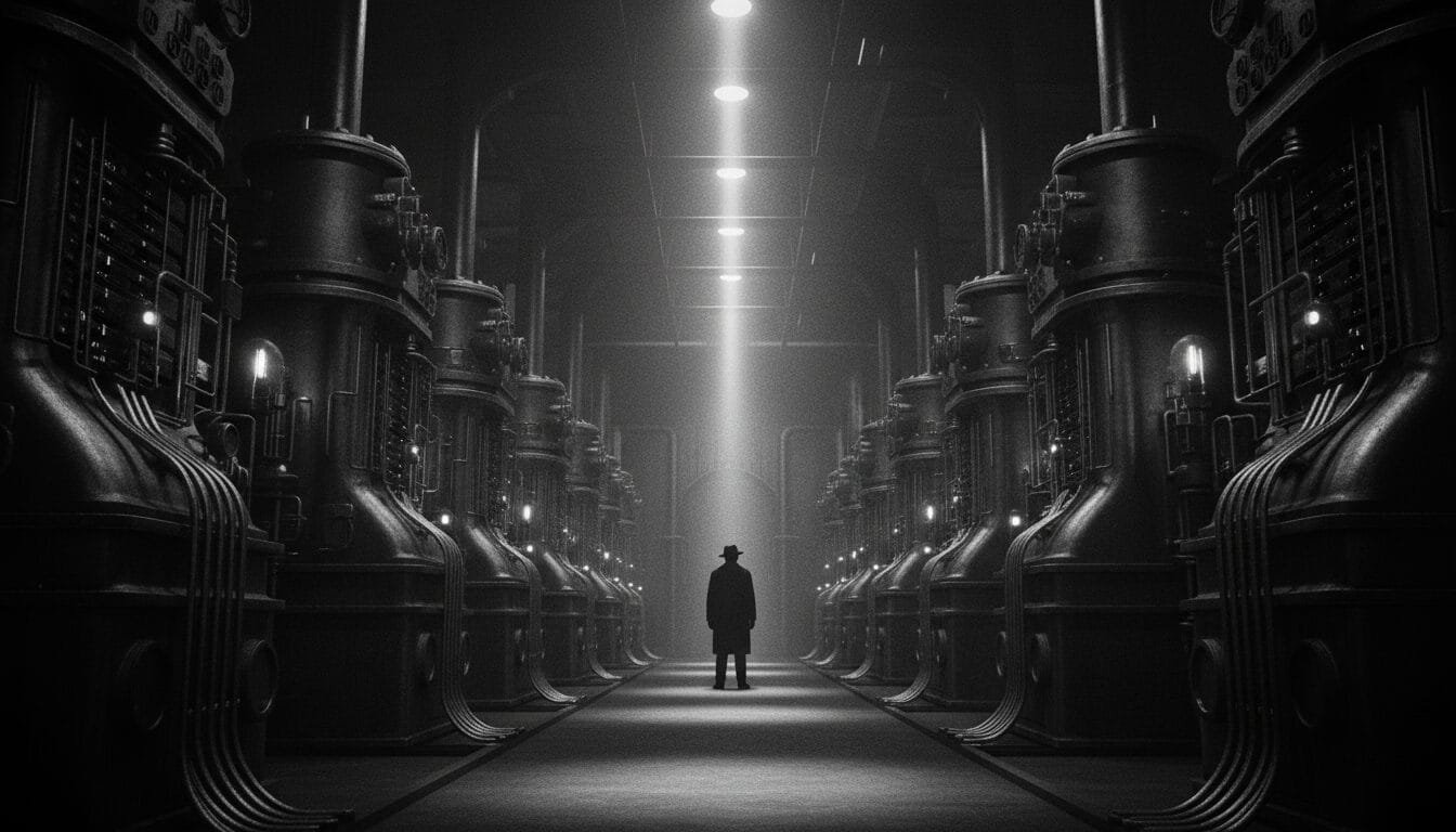 A person in a coat and hat stands in the center of a dimly lit industrial corridor lined with large machinery on both sides.