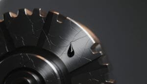 A close-up of a cracked metal gear with a single drop of dark oil seeping from the fracture point, set against a grey background.