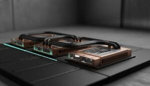 Two copper-colored cooling units with black heat pipes are mounted on a black electronic device in a modern, minimalistic setting.