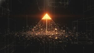 A glowing orange pyramid hovers above fragmented, floating cubes and geometric outlines against a dark background.