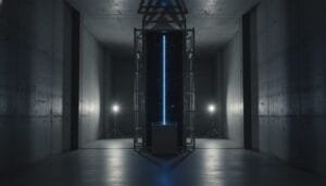 A dark, industrial room with concrete walls features a central illuminated vertical device, flanked by two tripods with bright spotlights.
