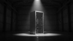 A single server rack stands under a spotlight in a dark, empty industrial room, with indicator lights visible on its front panels.