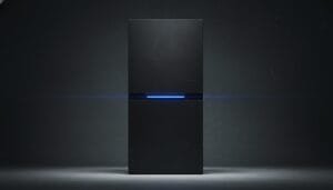 A tall, rectangular, black electronic device with a single horizontal blue light in the center, set against a dark background.