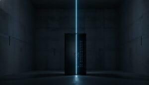 A partially open server rack emits a vertical blue light in a dark, empty concrete room.