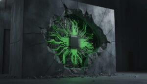 A concrete wall with a large hole reveals a glowing green computer chip and circuit board embedded inside.