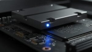 Close-up of a computer circuit board with a metal heat sink featuring a glowing blue LED light.