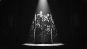 A large, industrial machine with gears and fans stands under a spotlight in a dark, shadowy environment.