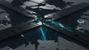 Futuristic black platforms form an X shape over a glowing blue abyss, with neon blue lines running across the surface and digital effects illuminating the scene.
