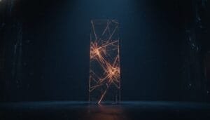 A tall, rectangular glass-like monolith stands upright in a dark room, illuminated by orange, glowing intersecting lines inside it.