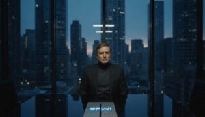 A man in a dark suit sits at a conference table in a high-rise office with large windows overlooking a cityscape at dusk.