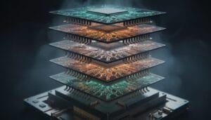 A stack of glowing computer chip layers, with visible circuit patterns, rising from a base and surrounded by light smoke.