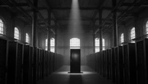 A single server rack stands under a beam of light in the center of a large, dark data center filled with rows of other server racks.