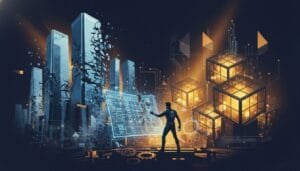 A person interacts with a digital interface displaying futuristic buildings and glowing cubes, symbolizing advanced technology and data processing.