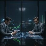 Two men in suits sit at a glass table with digital financial charts and graphs projected in front of them in a modern office at night.