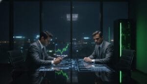 Two men in suits sit at a glass table with digital financial charts and graphs projected in front of them in a modern office at night.