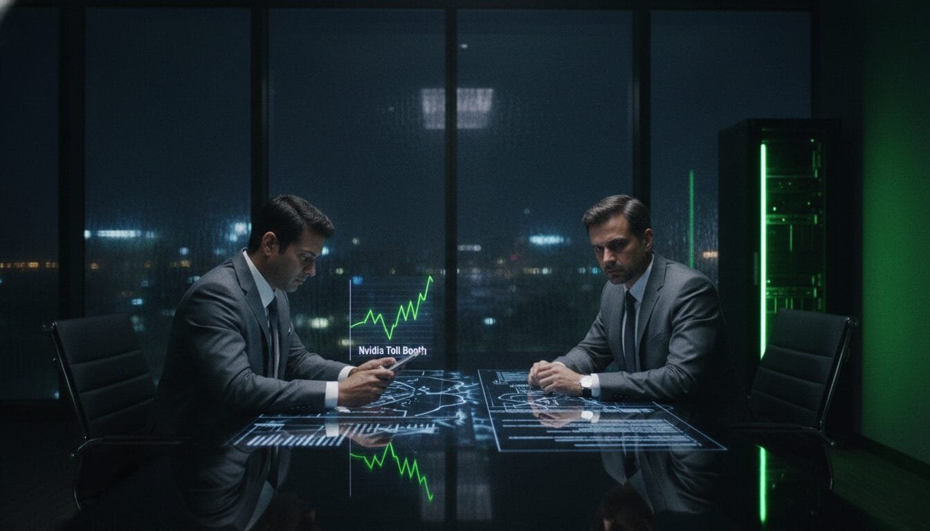 Two men in suits sit at a glass table with digital financial charts and graphs projected in front of them in a modern office at night.