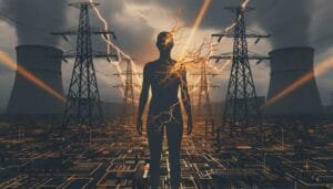 A silhouette of a person with electric sparks stands before power lines and cooling towers under a cloudy sky, with a circuit board pattern on the ground.
