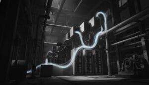 A dimly lit industrial server room with several server racks and glowing blue energy streams connecting equipment.