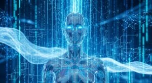 A digital humanoid figure with glowing blue eyes stands amid streams of blue light and circuit-like patterns, suggesting artificial intelligence and advanced technology.