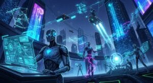 Futuristic cityscape with humanoid robots operating holographic interfaces, flying vehicles, and glowing digital displays against a backdrop of tall, illuminated buildings at night.
