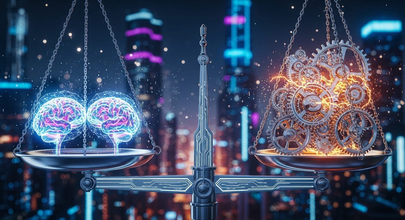 Understanding Agentic AI vs AI Agents: Your Essential Guide 2 AI brains and gears on scales