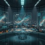 A futuristic control room with three large digital screens displaying complex data visualizations, overlooking a cityscape at night.
