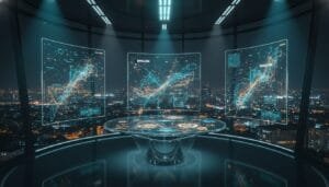 A futuristic control room with three large digital screens displaying complex data visualizations, overlooking a cityscape at night.