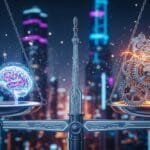 A set of scales balances glowing digital brains on one side and intricate mechanical gears on the other, against a blurred city skyline at night.