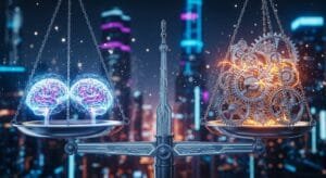 A set of scales balances glowing digital brains on one side and intricate mechanical gears on the other, against a blurred city skyline at night.