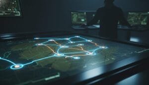 A person stands behind a large digital touchscreen displaying a network map with interconnected nodes and routes, in a dimly lit control room.