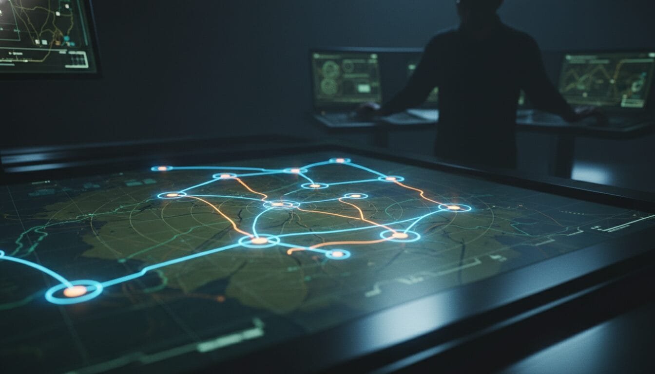 A person stands behind a large digital touchscreen displaying a network map with interconnected nodes and routes, in a dimly lit control room.