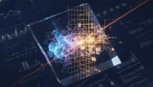 A digital illustration of a transparent cube with blue and orange data streams, grids, and nodes, representing data analysis or artificial intelligence technology.