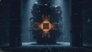 A glowing microchip diagram floats in front of a dark, fragmented rock structure in a futuristic digital environment.