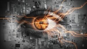 A close-up of a human eye with digital patterns and orange light streaks, overlaid with the words "INTUITION PREMIUM" in the center.