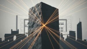 A large stone monolith stands in front of a city skyline, with orange lines radiating from its center toward the background.