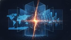 A digital illustration shows a world map, city skyline, and data panels split by a glowing crack with light, symbolizing a digital or technological disruption.