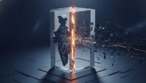 A glass block with the outline of India at its center is split by a glowing line, with digital fragments and circuit patterns emerging from the divide.