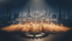 Three large interconnected gears hover above orange smoke in an industrial setting, with factories and chimneys visible in the background under dramatic lighting.