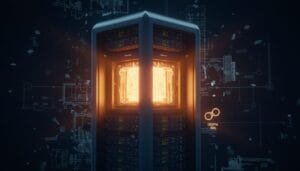 A glowing server rack with illuminated central core, surrounded by digital schematics and floating circuit diagrams in a dark environment.