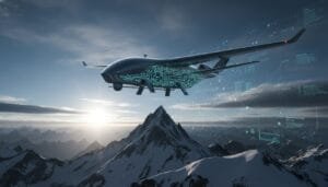 A drone with a digital circuit overlay flies above snowy mountain peaks under a partly cloudy sky, suggesting advanced technology and data integration.