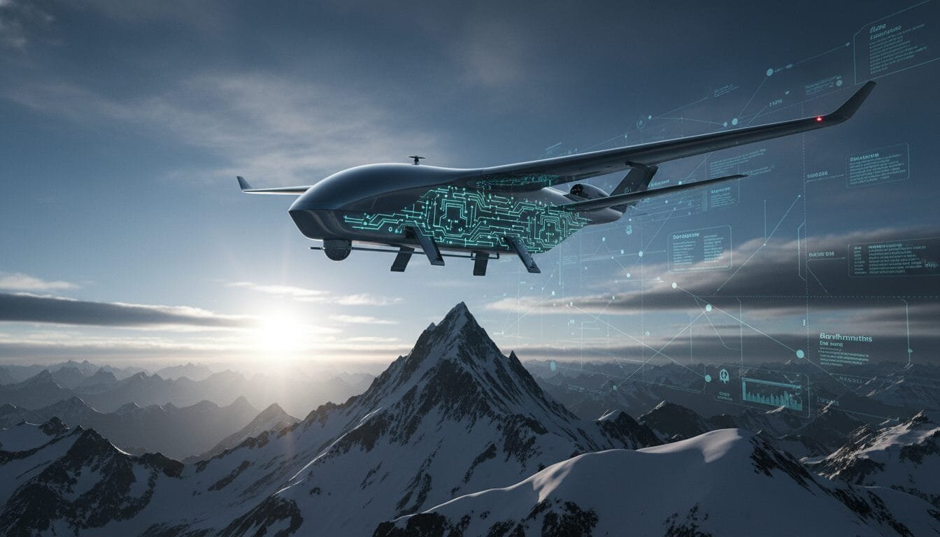 A drone with a digital circuit overlay flies above snowy mountain peaks under a partly cloudy sky, suggesting advanced technology and data integration.