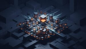 A digital illustration of interconnected glowing cubes and lines forming a network pattern on a dark background, resembling a futuristic data or technology concept.