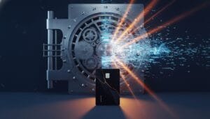 A digital credit card in front of an open vault door with data streams and light effects suggesting digital security or cyber vault technology.