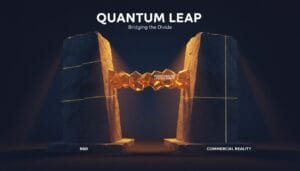 Two large stone pillars labeled "R&D" and "Commercial Reality" are connected by a glowing chain labeled "Error-Corrected Logical Qubits" under the title "Quantum Leap: Bridging the Divide.
