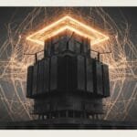 A dark, industrial tower stands at the center, crowned by glowing orange geometric light trails that create a square halo effect above the structure.
