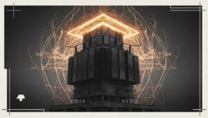A dark, industrial tower stands at the center, crowned by glowing orange geometric light trails that create a square halo effect above the structure.