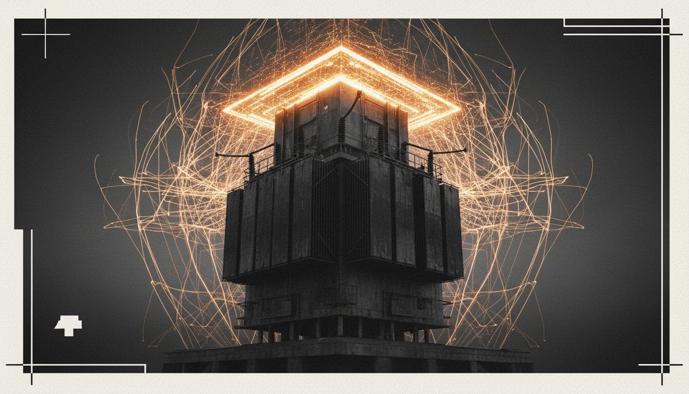 A dark, industrial tower stands at the center, crowned by glowing orange geometric light trails that create a square halo effect above the structure.