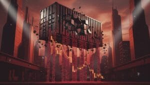 A large shipping container crashes through a digital stock chart in a cityscape, symbolizing a financial downturn or market crash.
